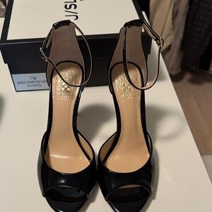 Vince Camuto Glossy Black Peep-Toe Heels